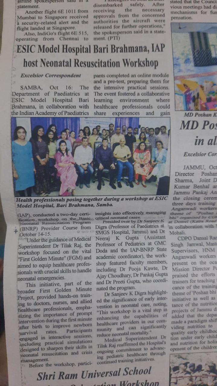 ESIC Model Hospital Bari Brahmana, Jammu Collaborates with Indian Academy of Pediatrics to Conduct BNRP-FGM Basic Neonatal Resuscitation Program Provider Course Certification Workshop on 14th and15th Oct ,2024