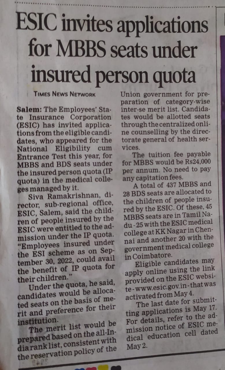 ESIC invites applications for MBBS seats under insured person quota News in English