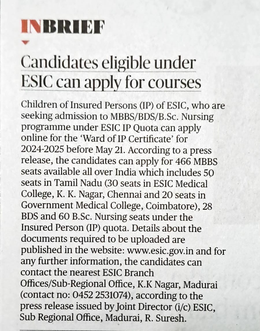 ESIC invites applications for MBBS seats under insured person quota- News